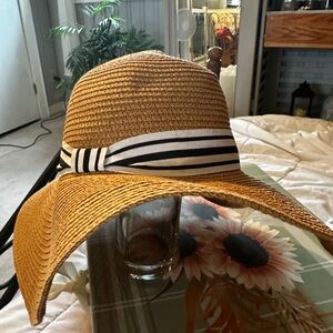 Wide-Brim Straw Sun Hat with Black & White Ribbon